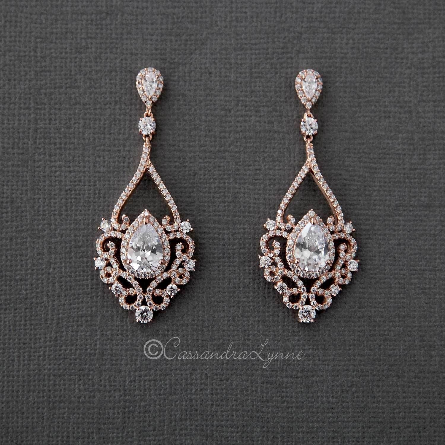 Filigree Wedding Earrings with Pear CZ - Earrings - Cassandra Lynne