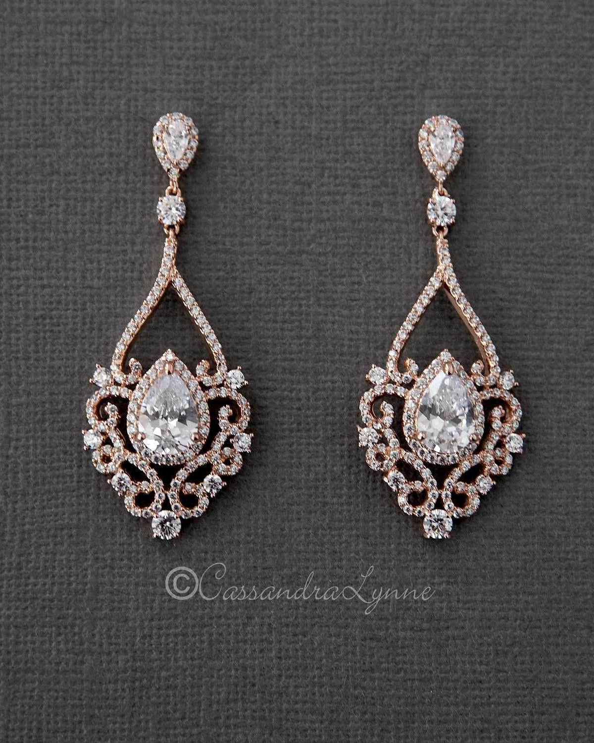 Filigree Wedding Earrings with Pear CZ - Earrings - Cassandra Lynne