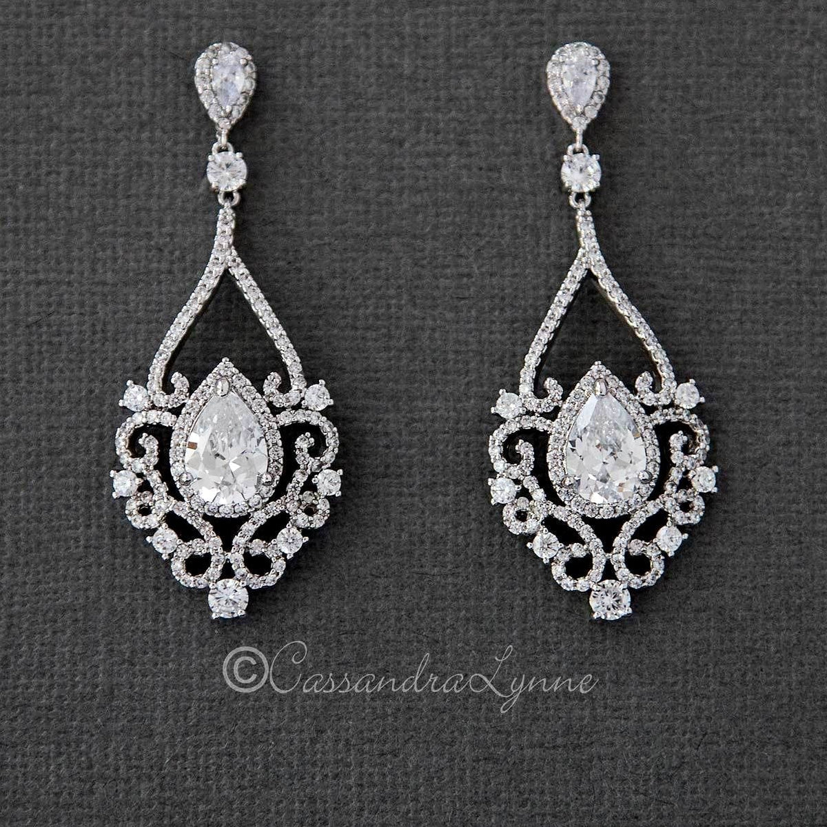 Filigree Wedding Earrings with Pear CZ - Earrings - Cassandra Lynne