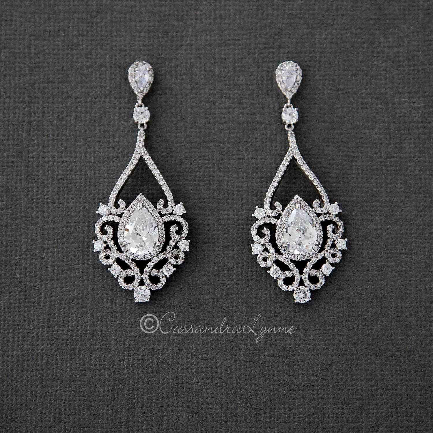 Filigree Wedding Earrings with Pear CZ - Earrings - Cassandra Lynne