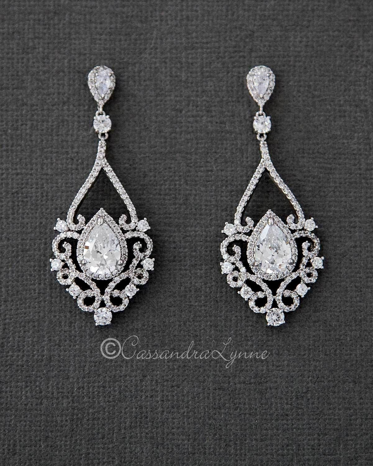 Filigree Wedding Earrings with Pear CZ - Earrings - Cassandra Lynne