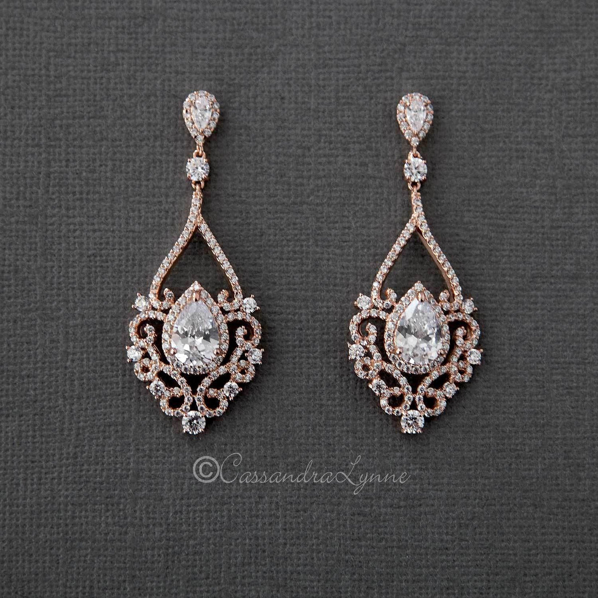 Filigree Wedding Earrings with Pear CZ - Cassandra Lynne