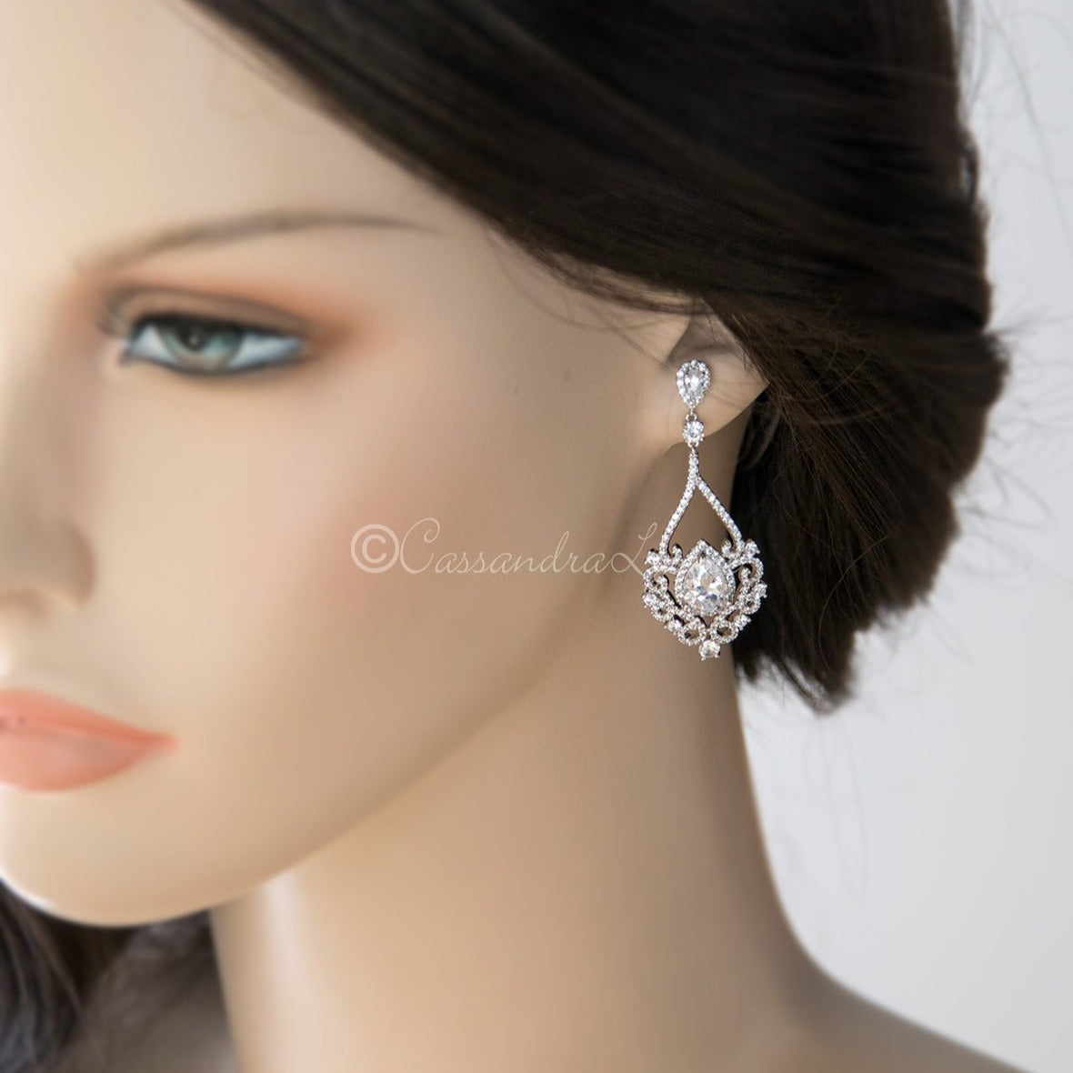 Filigree Wedding Earrings with Pear CZ - Cassandra Lynne