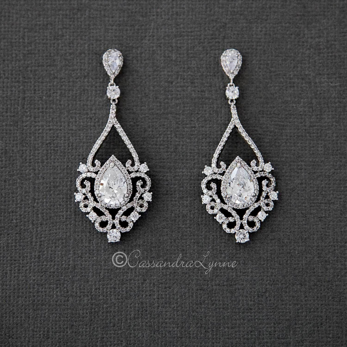 Filigree Wedding Earrings with Pear CZ - Cassandra Lynne