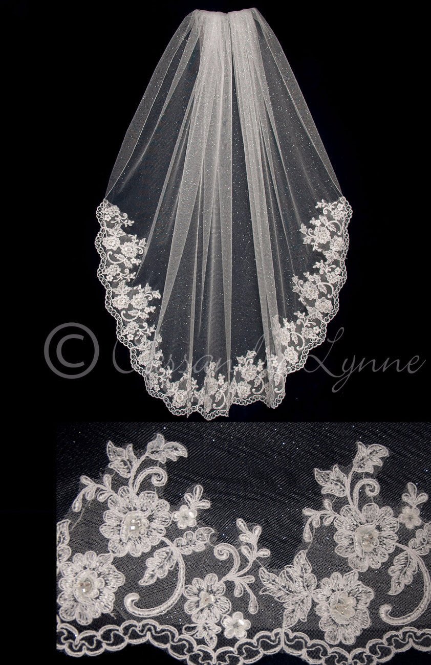 Fingertip Angel Dust Veil with Beaded Lace