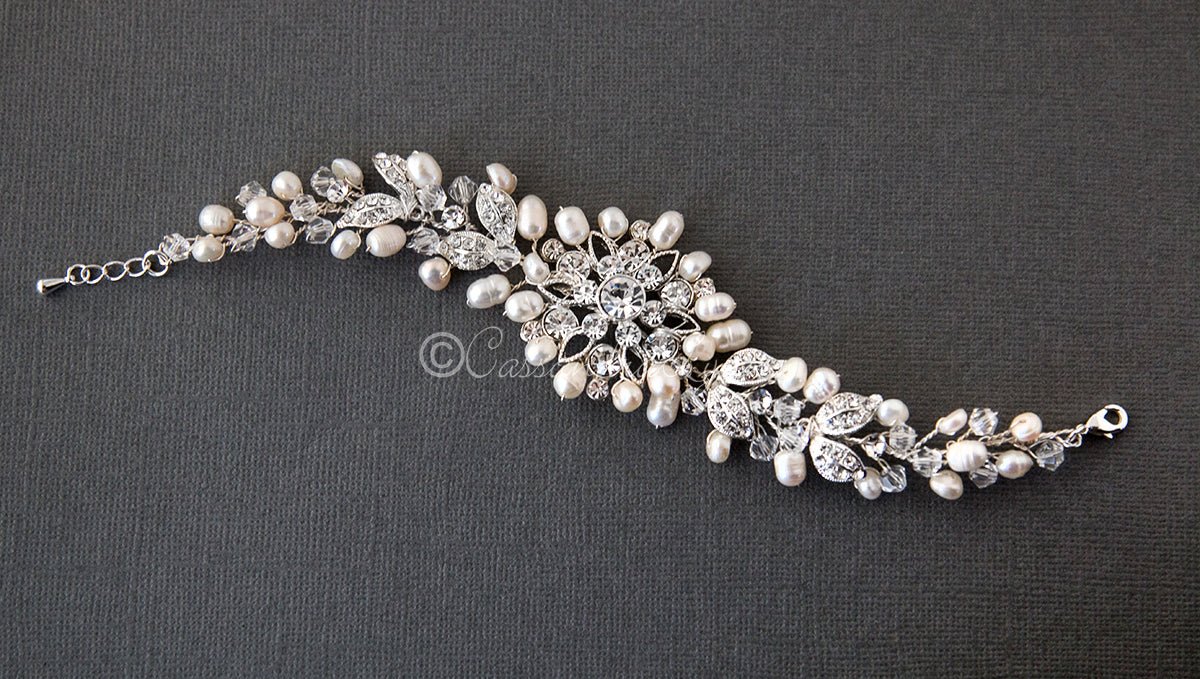 Floral Pearl and Crystal Bridal Bracelet
