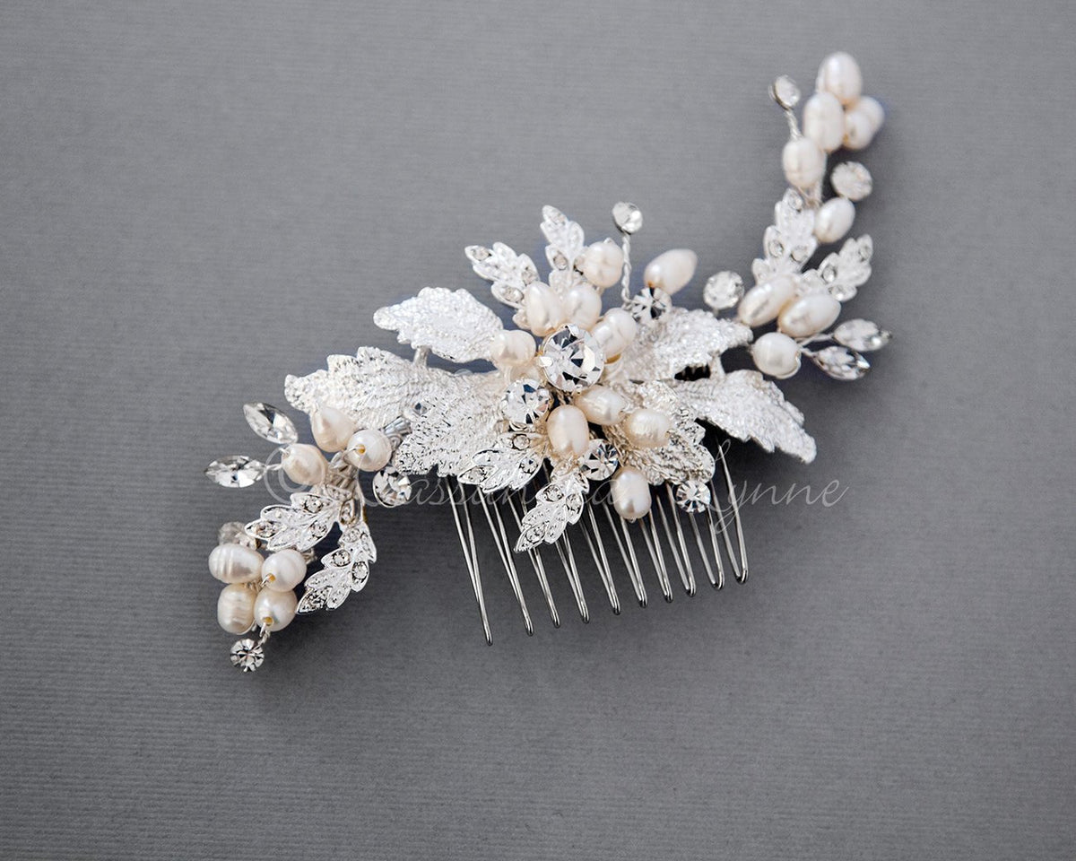 Flower Petal Bridal Hair Comb with Ivory Pearls - Hair Comb - Cassandra Lynne