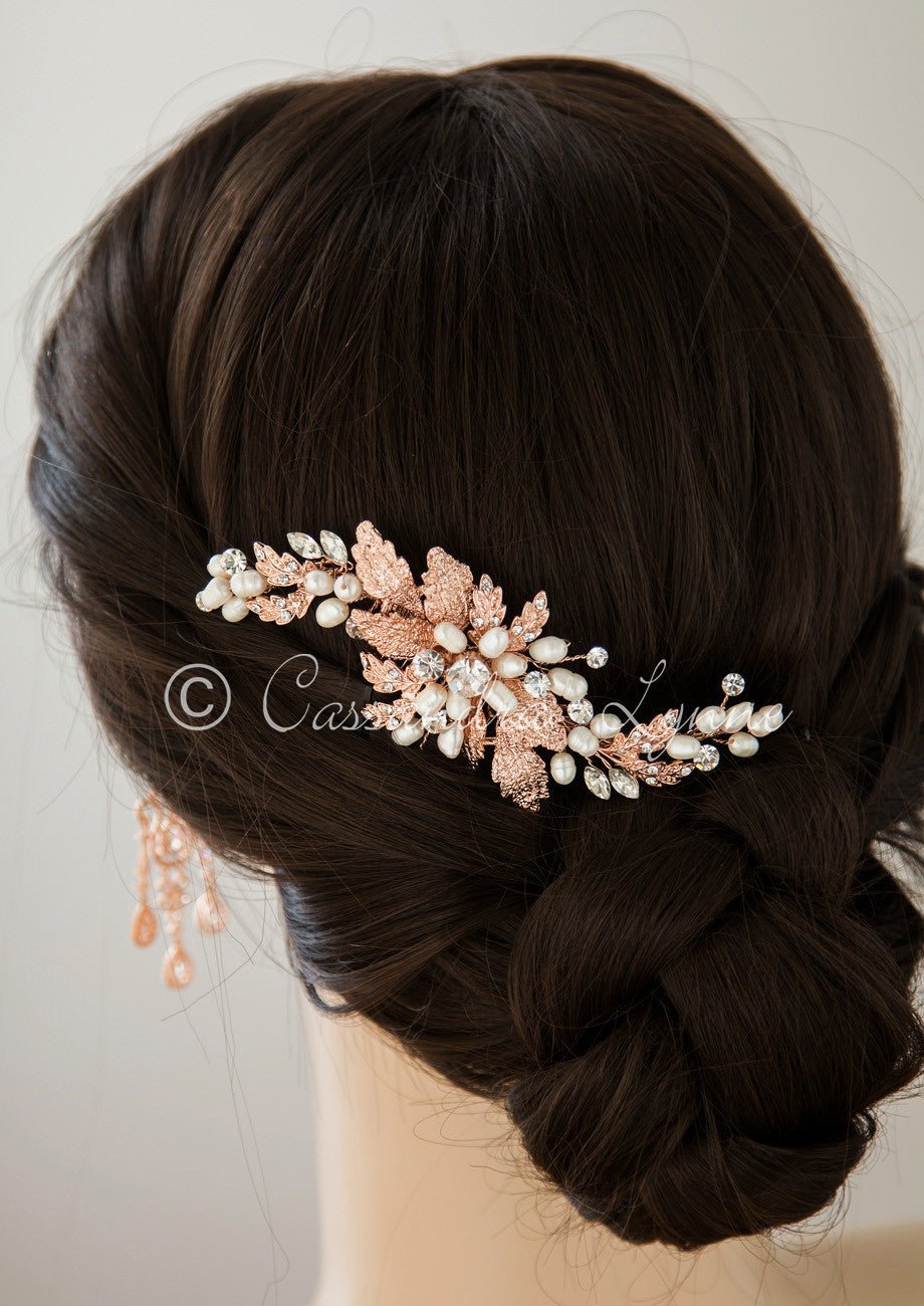 Rose Gold Bridal Hair Comb with Ivory Pearls