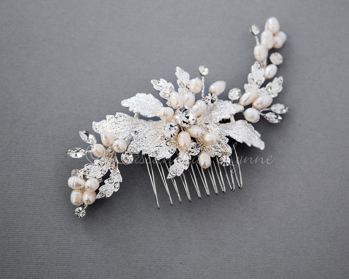 Silver leaves Wedding Comb with Pearls