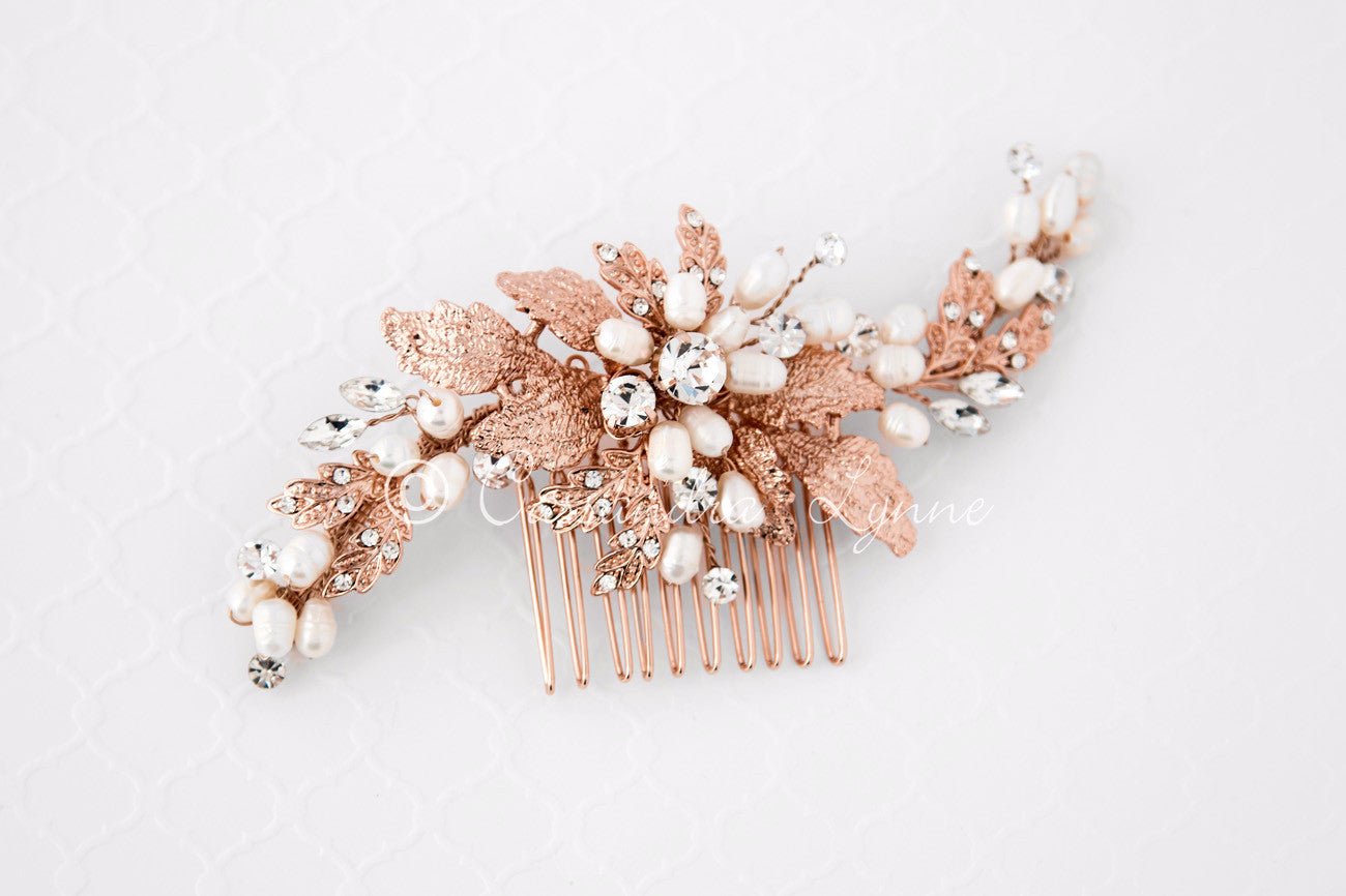 Rose Gold Bridal Hair Comb with Ivory Pearls