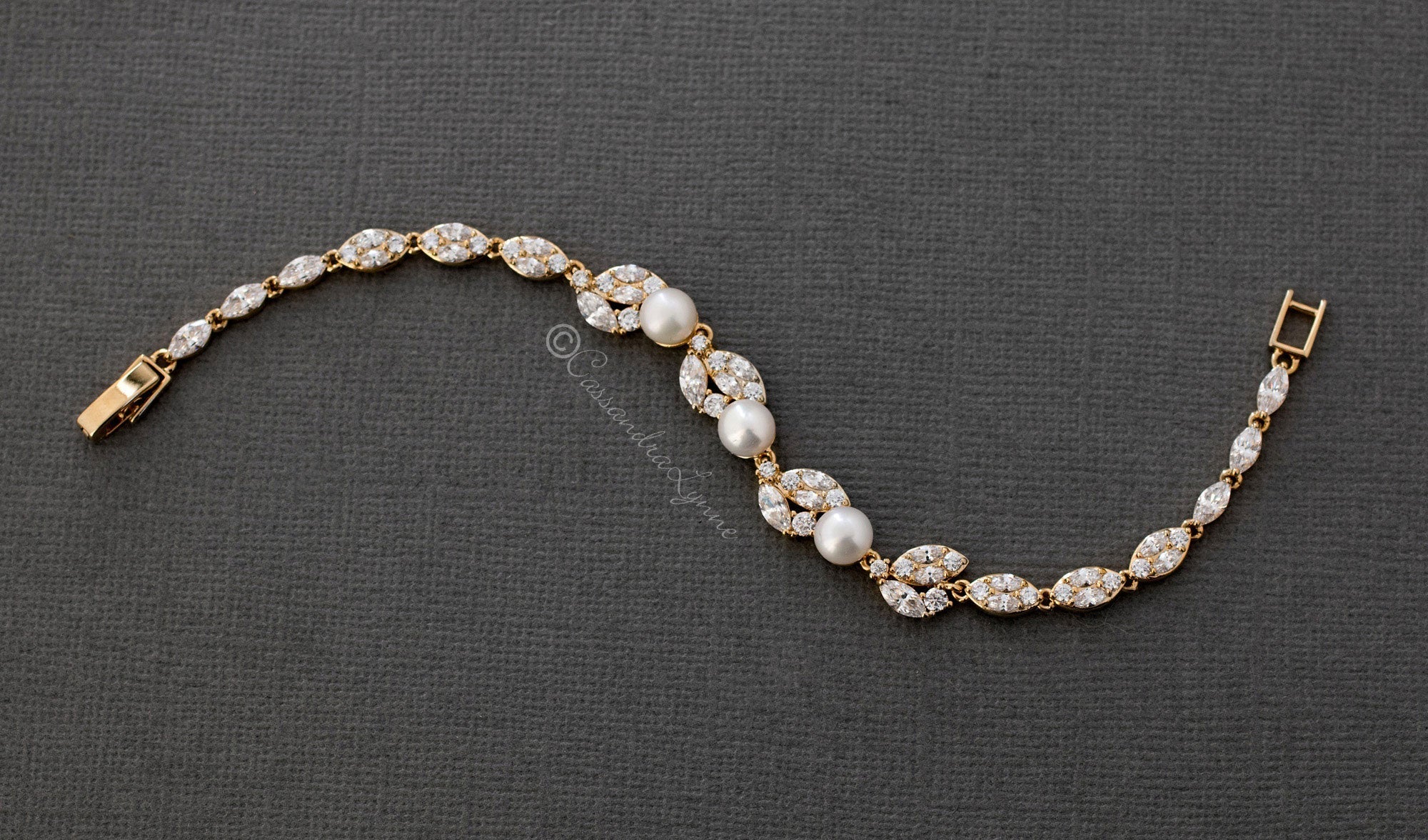 Freshwater Pearl CZ Wedding Bracelet with Leaves - Bracelet - Cassandra Lynne