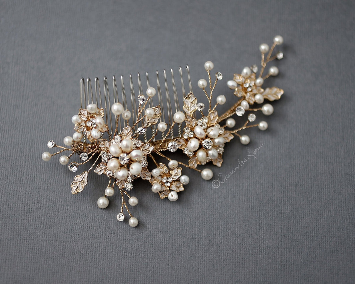 Gold Bridal Comb With Holly Leaves and Pearls