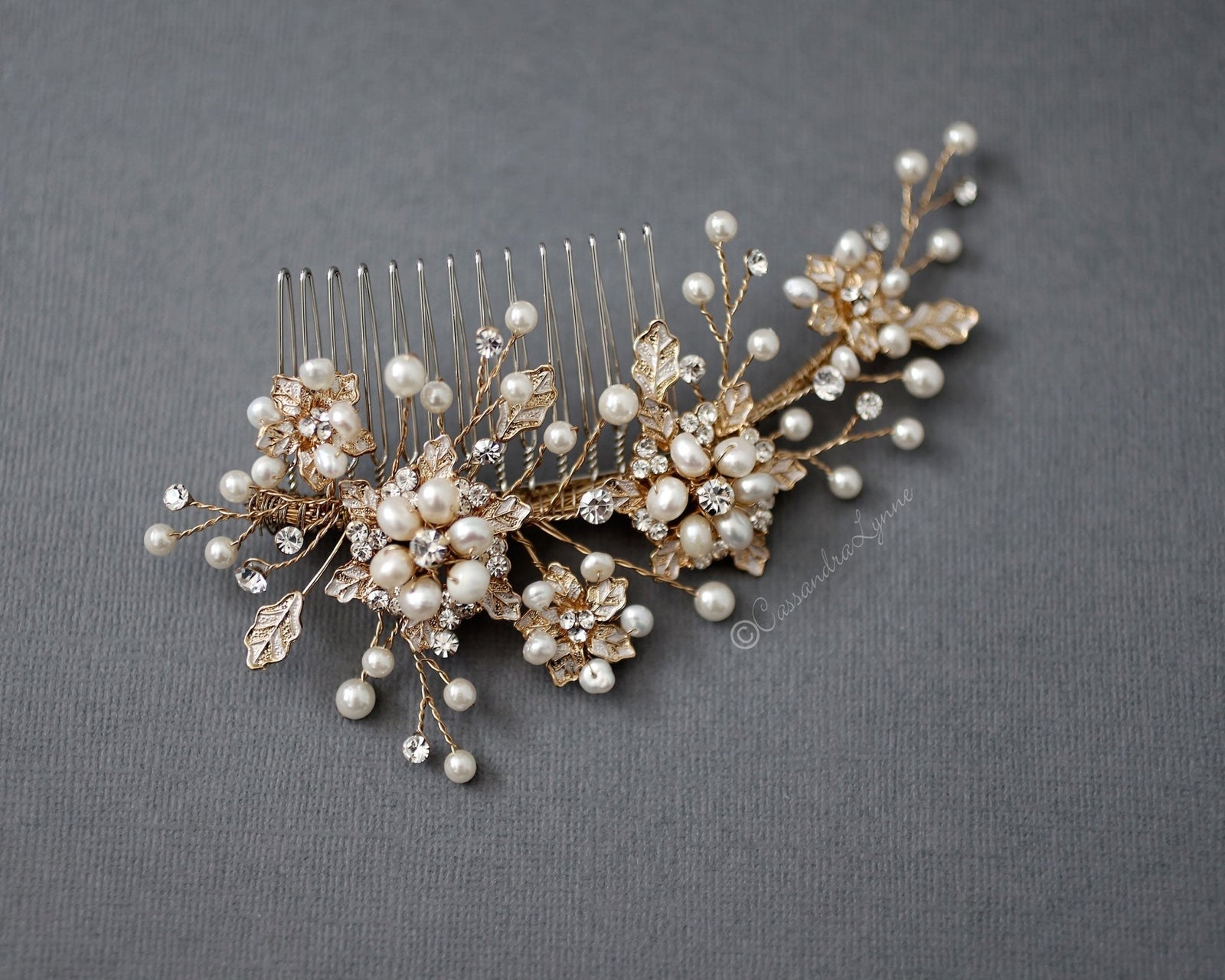 Gold Bridal Comb With Holly Leaves and Pearls - Cassandra Lynne