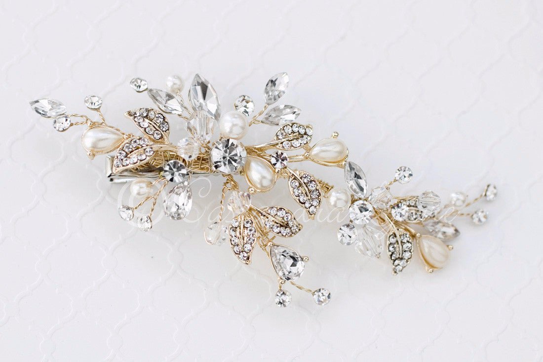 Gold Bridal Hair Clip of Teardrop Pearls Crystals and Rhinestones - Cassandra Lynne