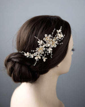Gold Bridal Hair Clip with Pearled Leaves - Cassandra Lynne