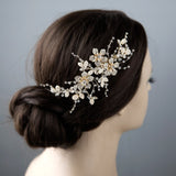 Gold Bridal Hair Clip with Pearled Leaves - Hair Clips - Cassandra Lynne