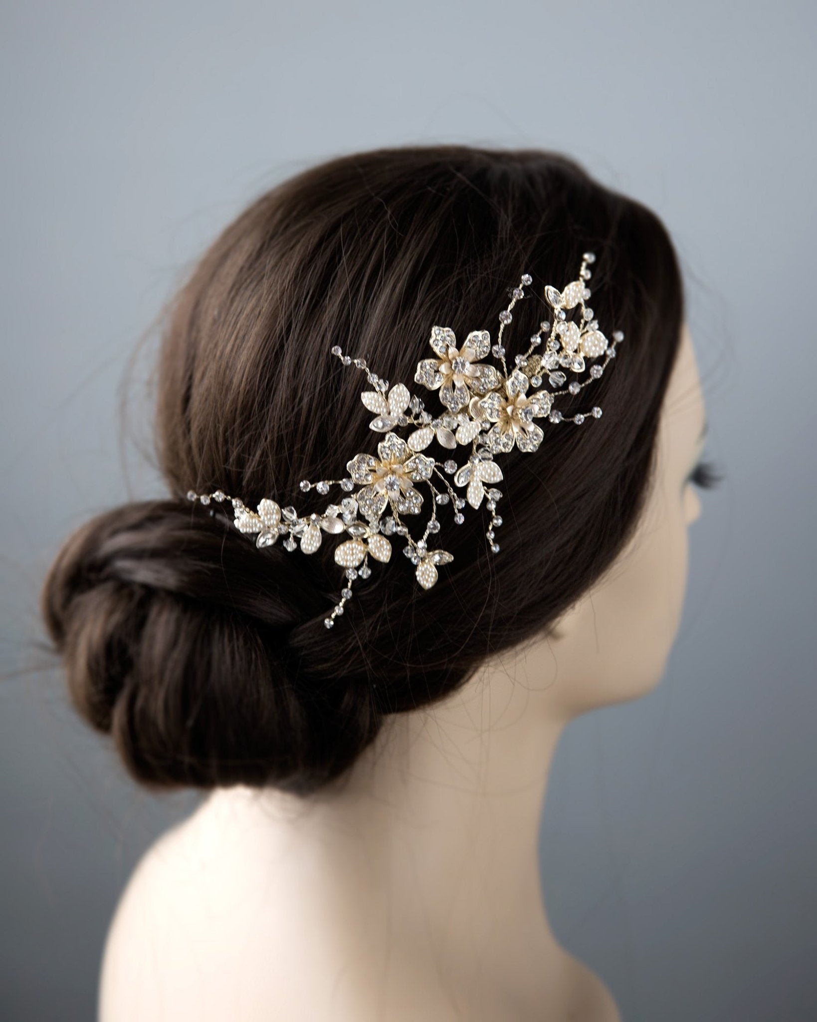 Gold Bridal Hair Clip with Pearled Leaves - Hair Clips - Cassandra Lynne