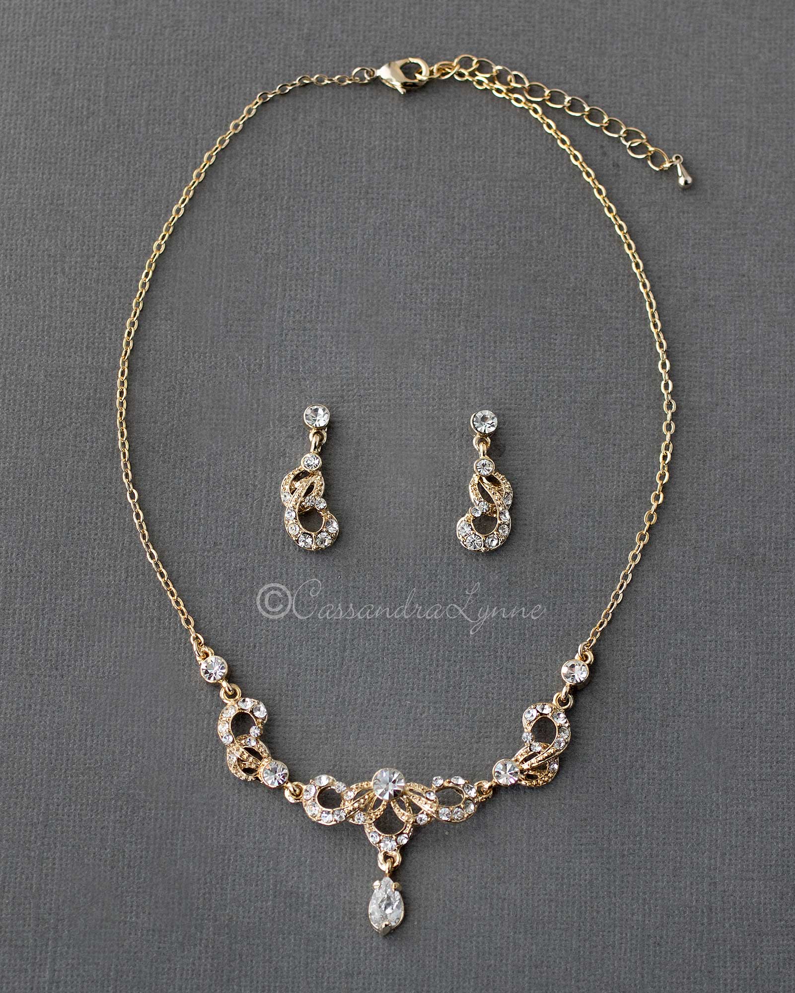 Gold Crystal Scrolls Bridal Necklace Set - Cassandra Lynne