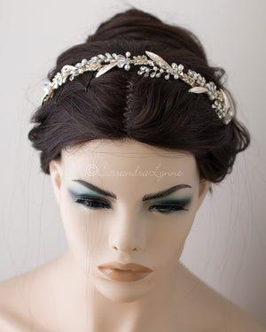 Gold Laurel Leaf Pearl Wedding Headband