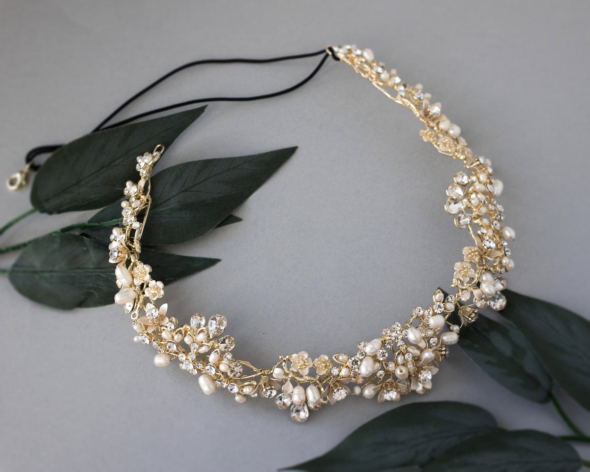 Gold Matte Flowers and Pearls Bridal Headpiece - Tiara - Cassandra Lynne