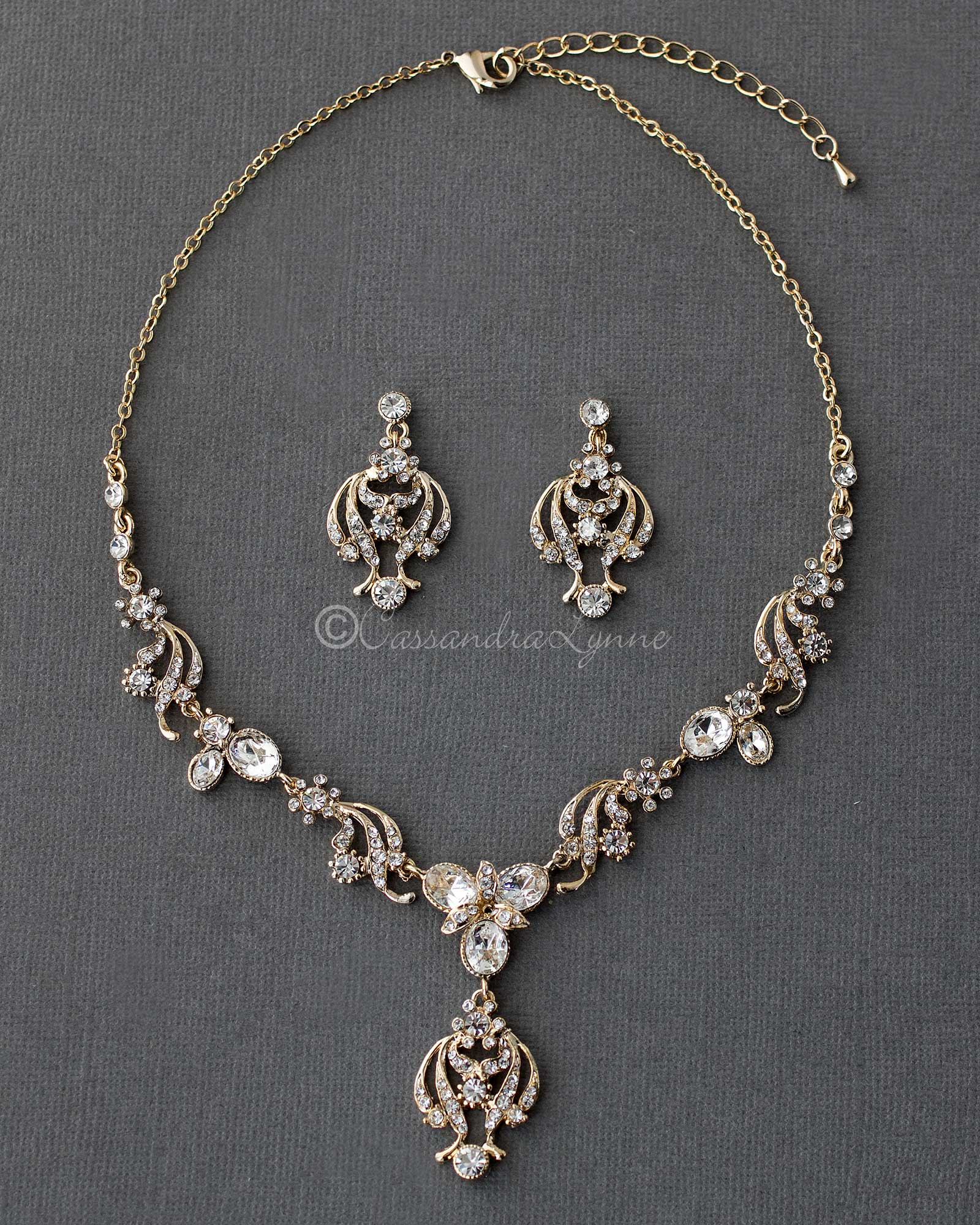 Gold Oval Crystal Necklace Set with Chandelier Drop - Cassandra Lynne