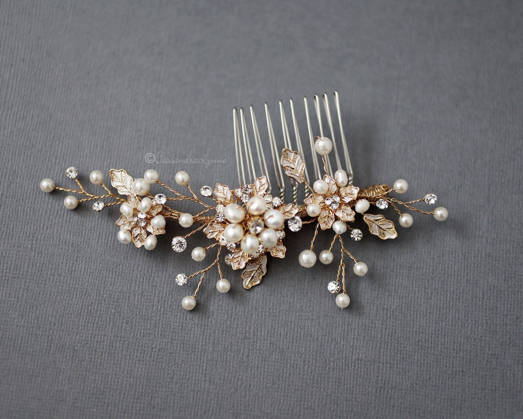 Gold Pearl Hair Comb for the Bride - Hair Comb - Cassandra Lynne