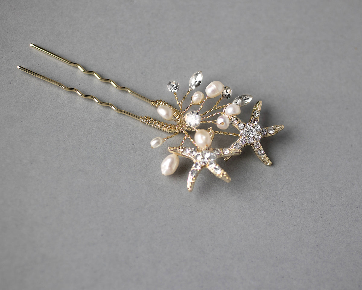 Starfish Hair Pin with Pearls in Light Gold - Cassandra Lynne