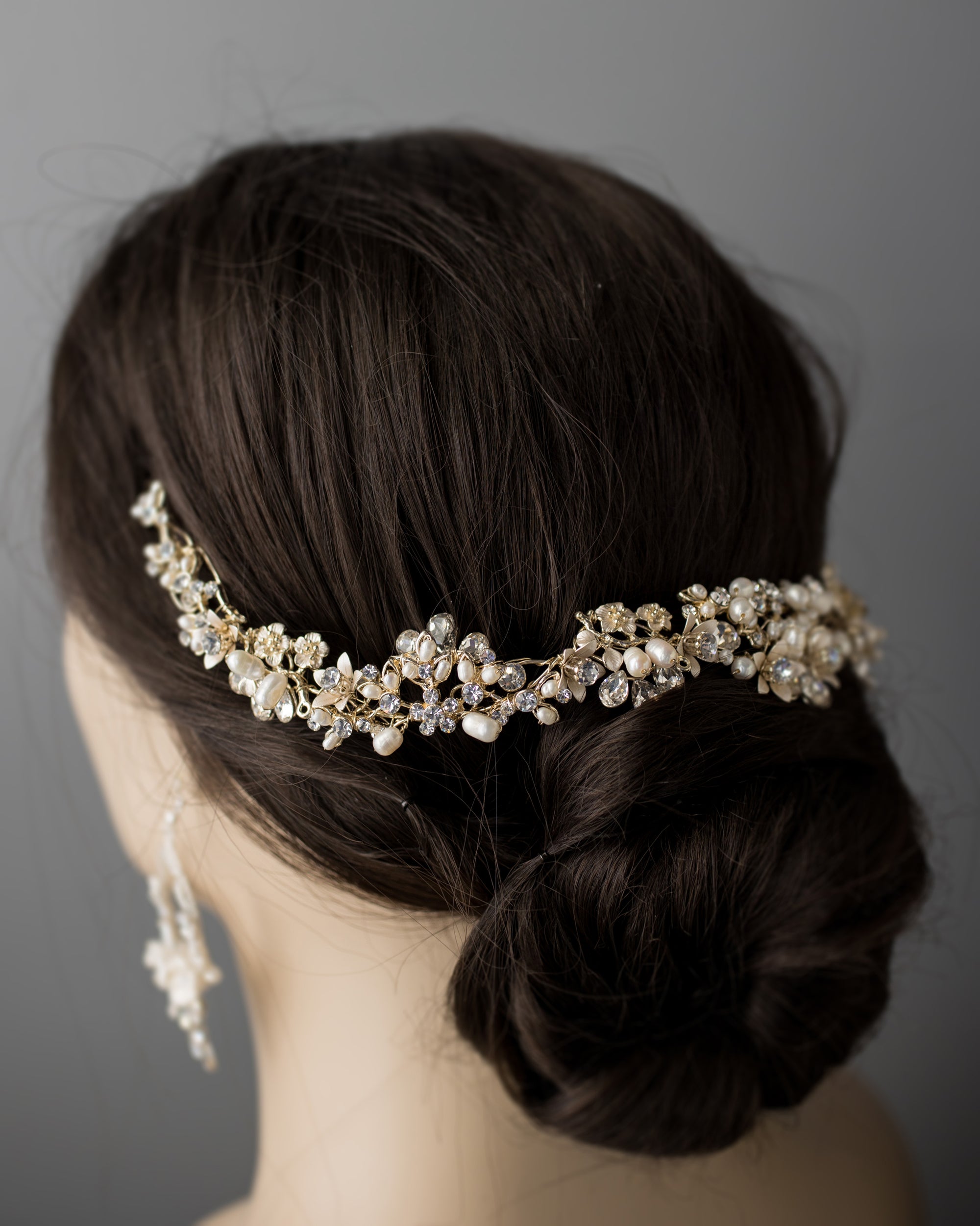 Gold Matte Flowers and Pearls Bridal Headpiece