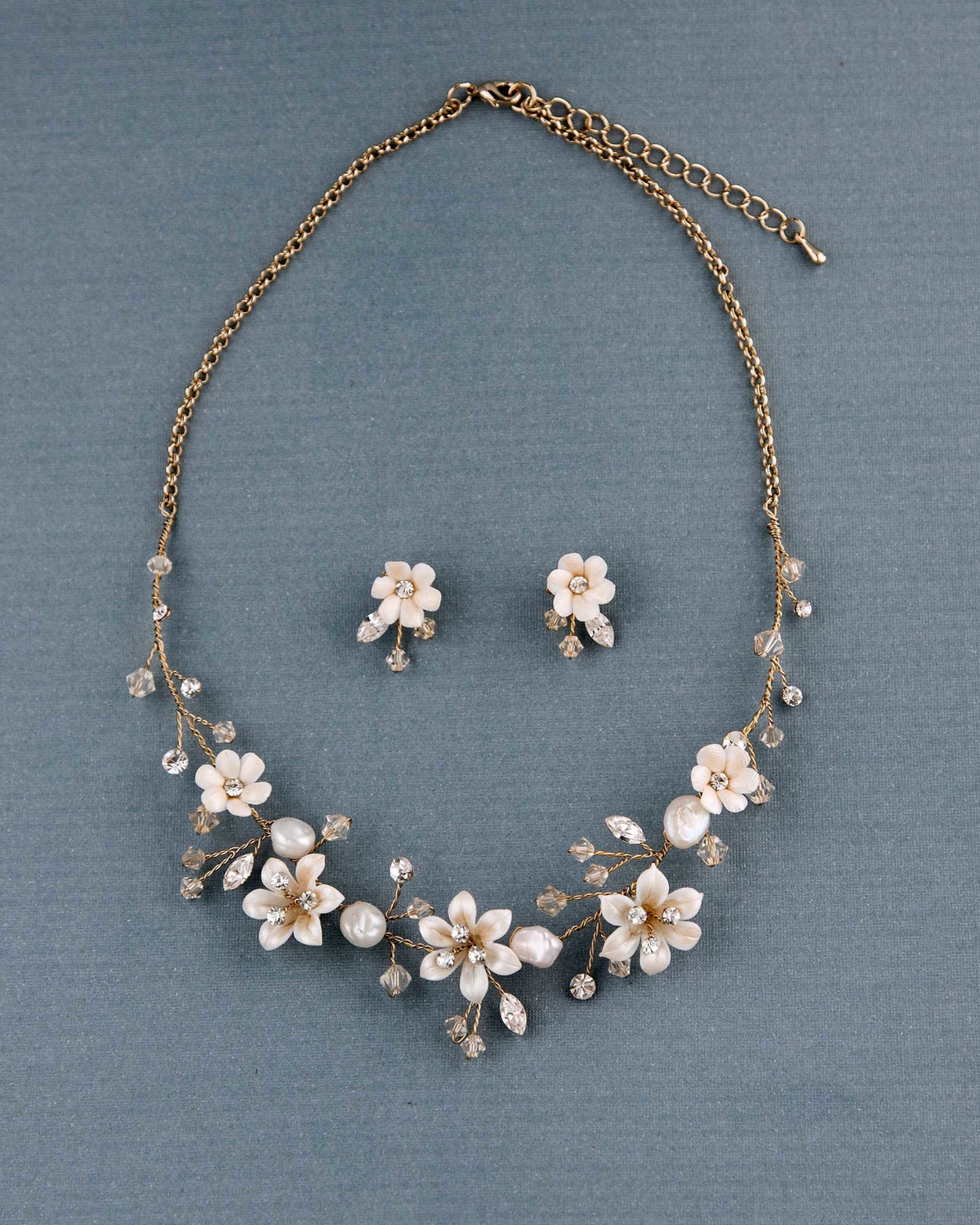 Gold Wedding Necklace Set Porcelain Flowers - Cassandra Lynne