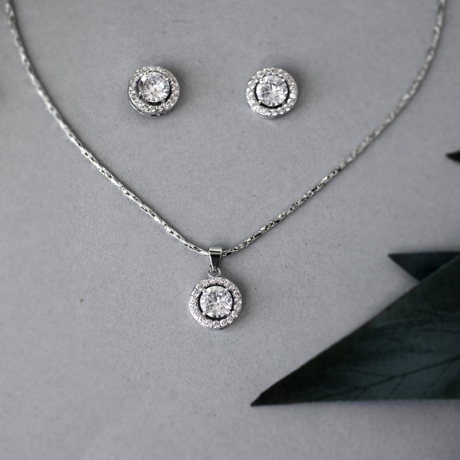 Simple CZ Halo Necklace and Earrings Set