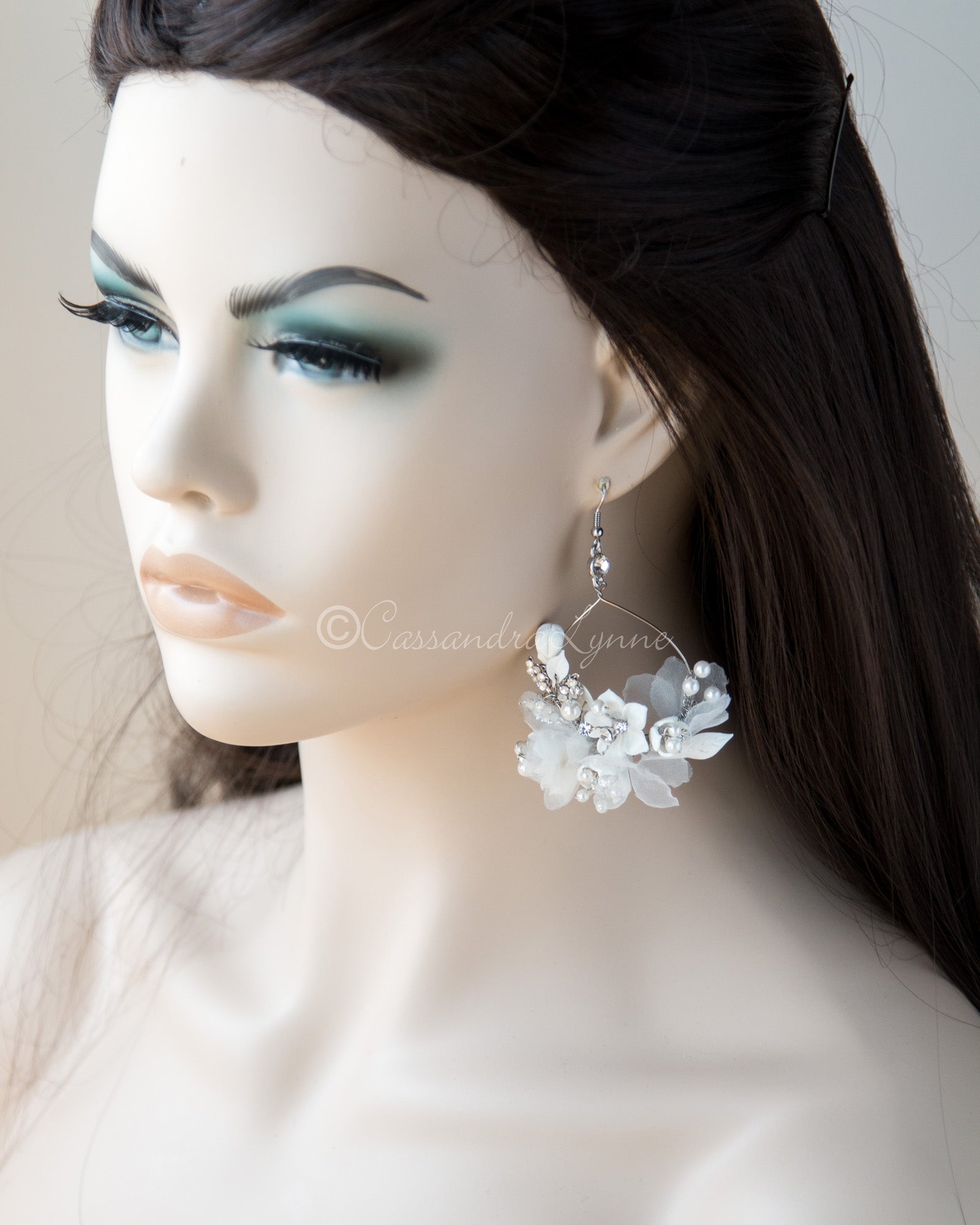 Hand-Wired Hoop Bridal Earrings with Organza Flowers - Cassandra Lynne