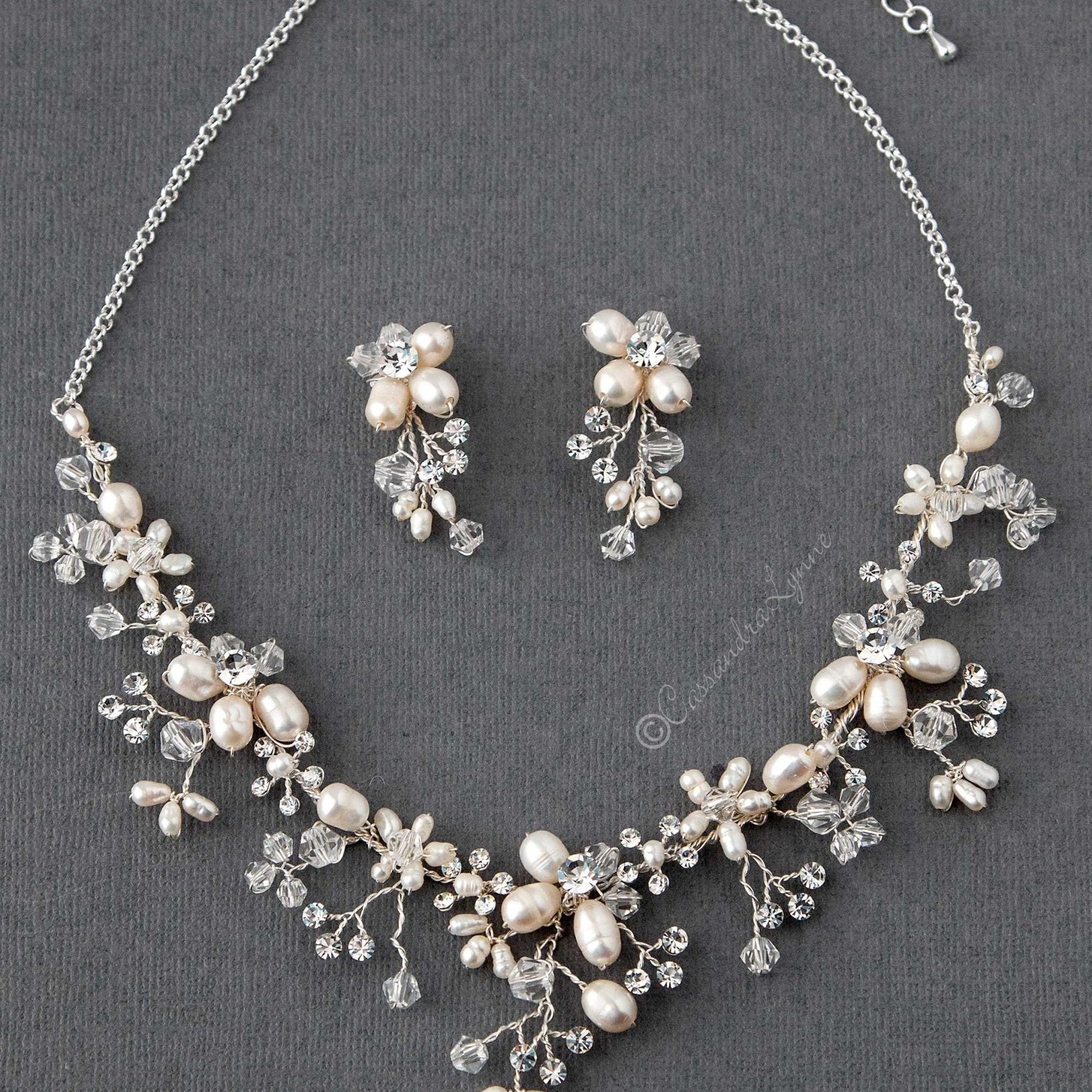 Handmade Pearl and Crystal Bridal Necklace Set - Necklace Set - Cassandra Lynne
