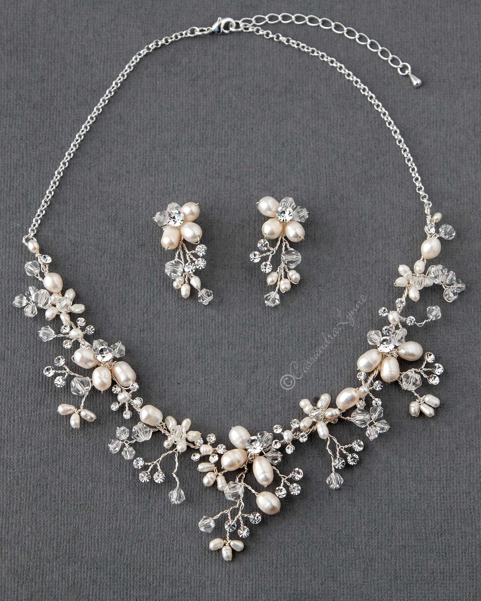 Handmade Pearl and Crystal Bridal Necklace Set - Necklace Set - Cassandra Lynne