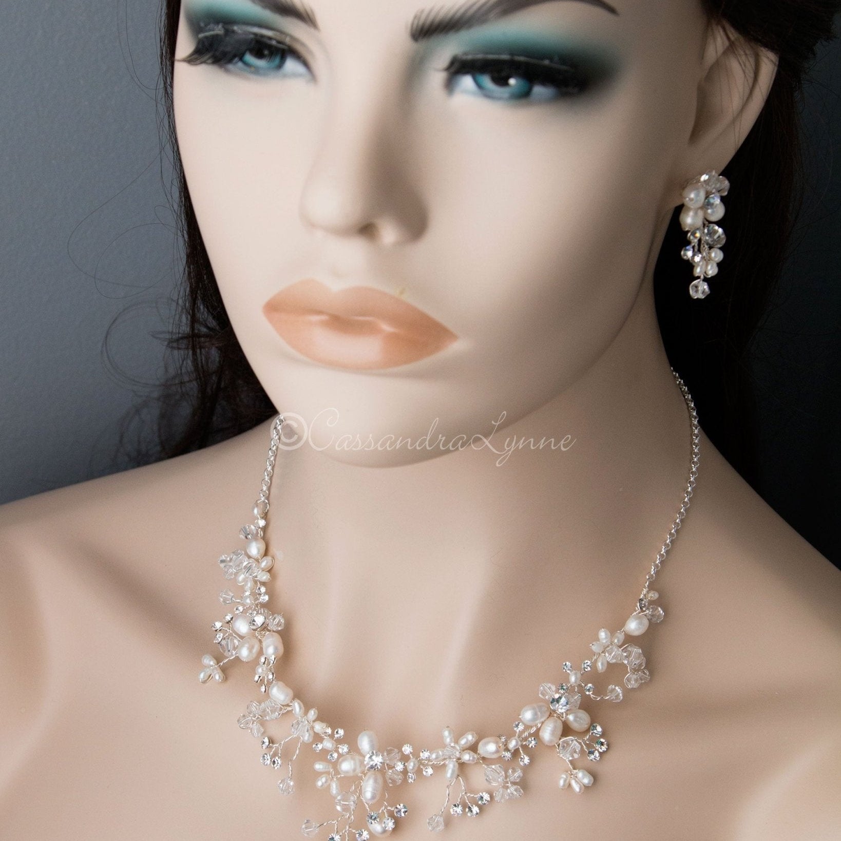 Handmade Pearl and Crystal Bridal Necklace Set - Necklace Set - Cassandra Lynne