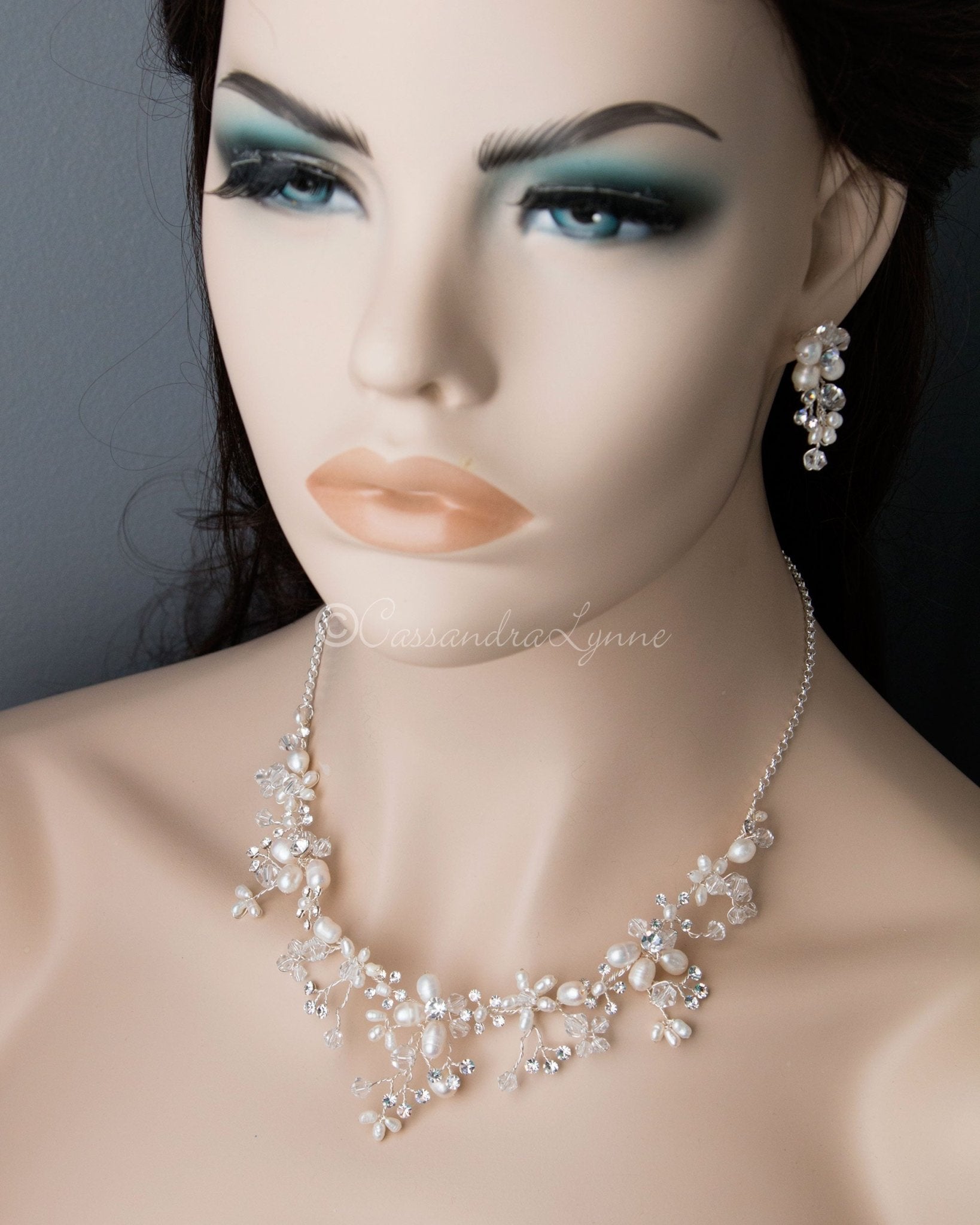 Handmade Pearl and Crystal Bridal Necklace Set - Necklace Set - Cassandra Lynne