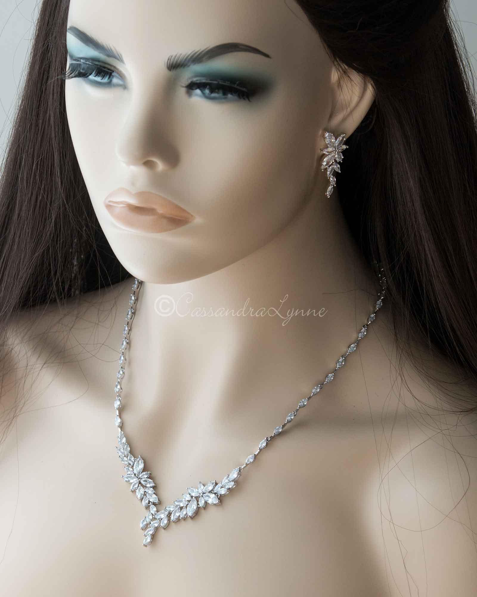 Intricate CZ Leaf Bridal Necklace Set - Necklace Set - Cassandra Lynne