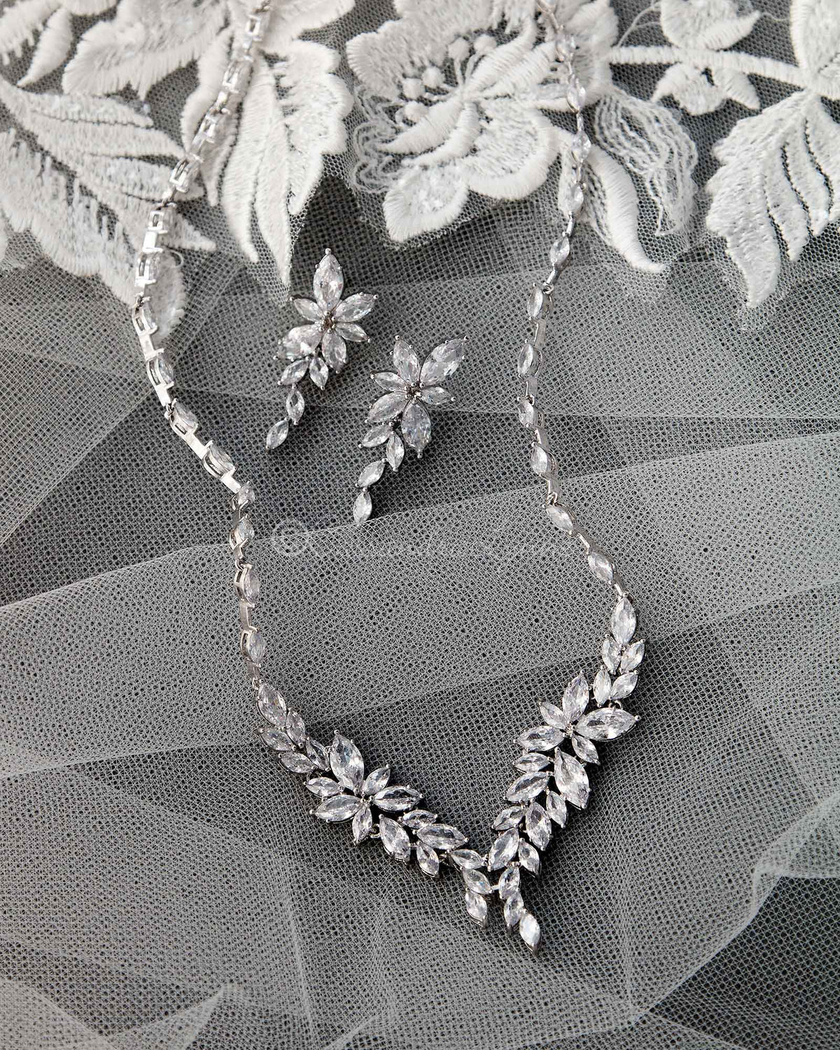 Intricate CZ Leaf Bridal Necklace Set - Necklace Set - Cassandra Lynne