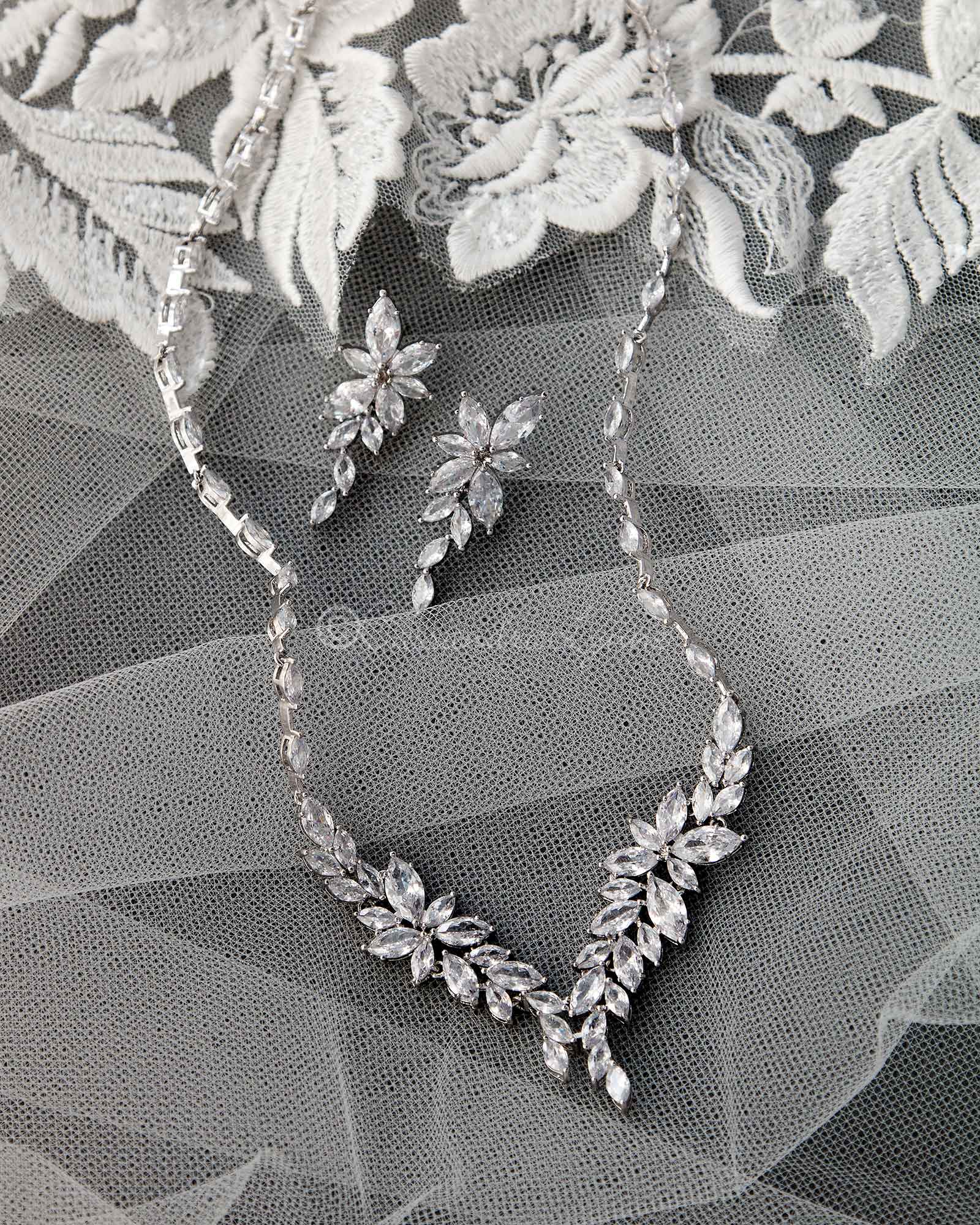 Intricate CZ Leaf Bridal Necklace Set - Necklace Set - Cassandra Lynne