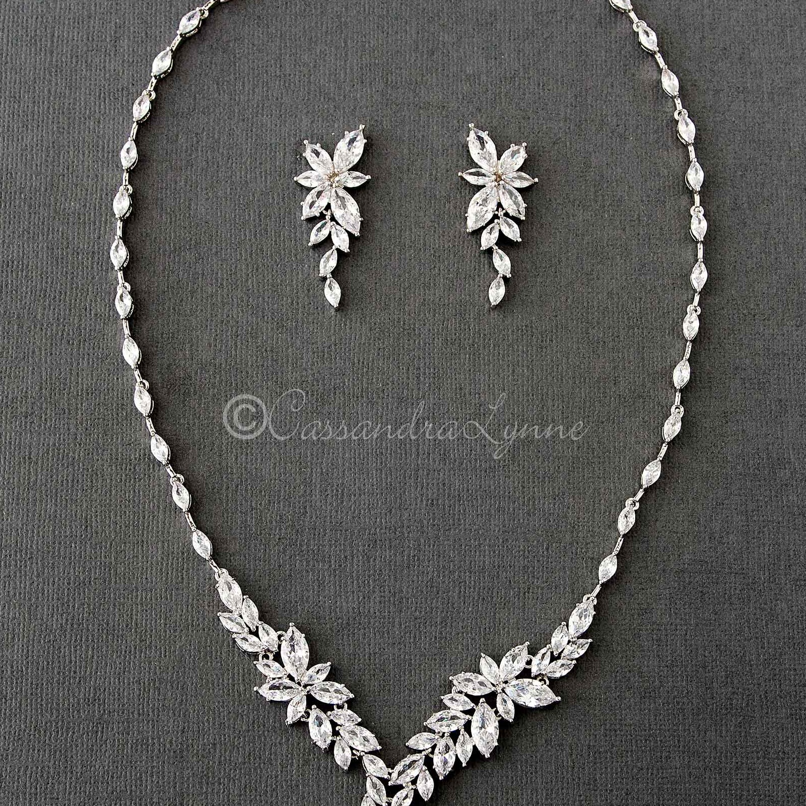 Intricate CZ Leaf Bridal Necklace Set - Necklace Set - Cassandra Lynne