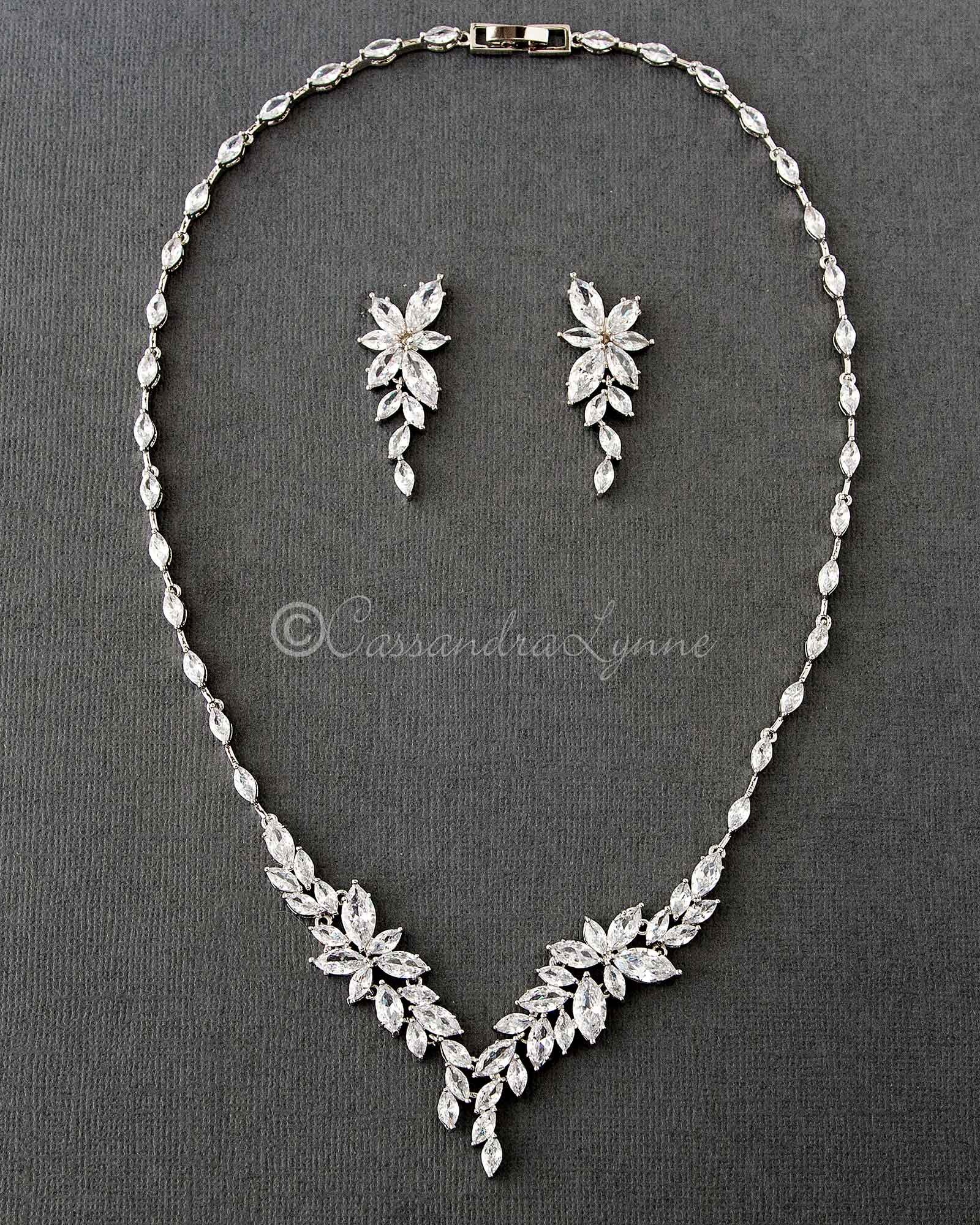 Intricate CZ Leaf Bridal Necklace Set - Necklace Set - Cassandra Lynne