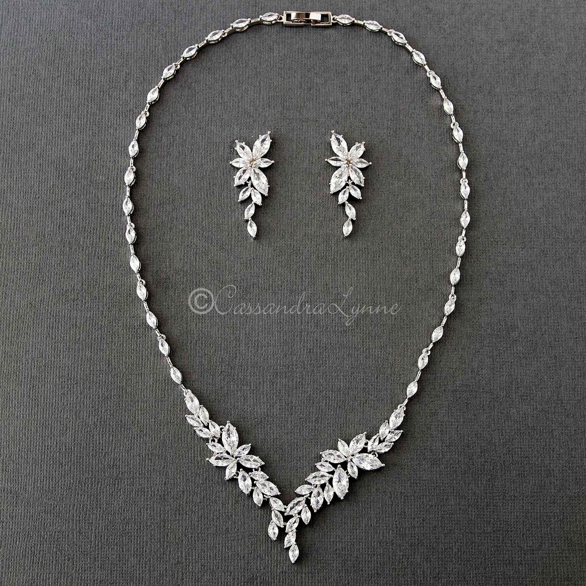 Intricate CZ Leaf Bridal Necklace Set - Necklace Set - Cassandra Lynne