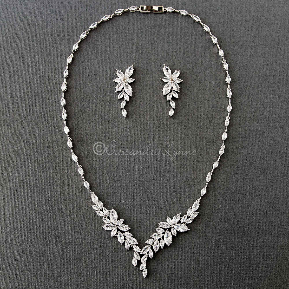Intricate CZ Leaf Bridal Necklace Set - Necklace Set - Cassandra Lynne