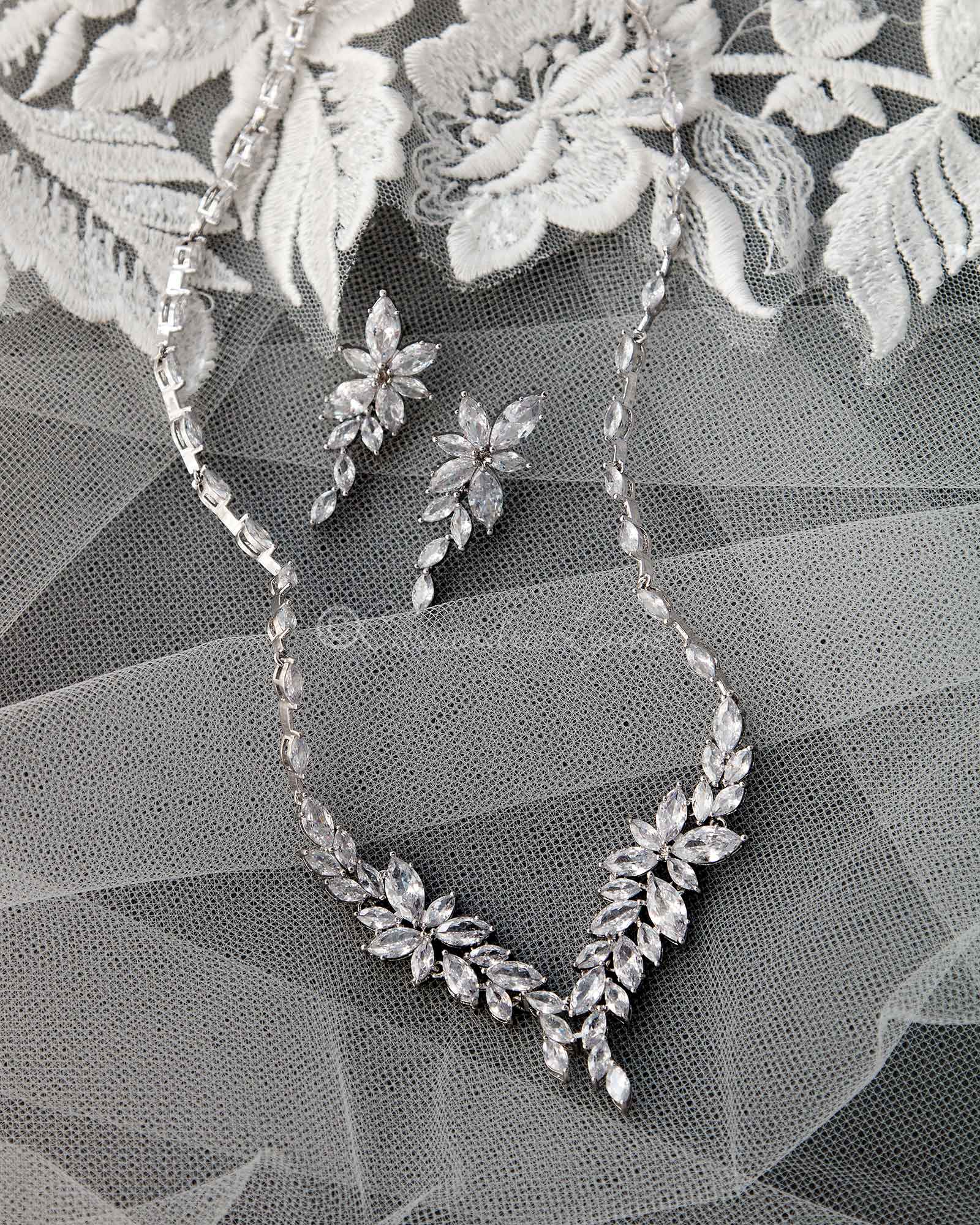 Intricate CZ Leaf Bridal Necklace Set - Cassandra Lynne
