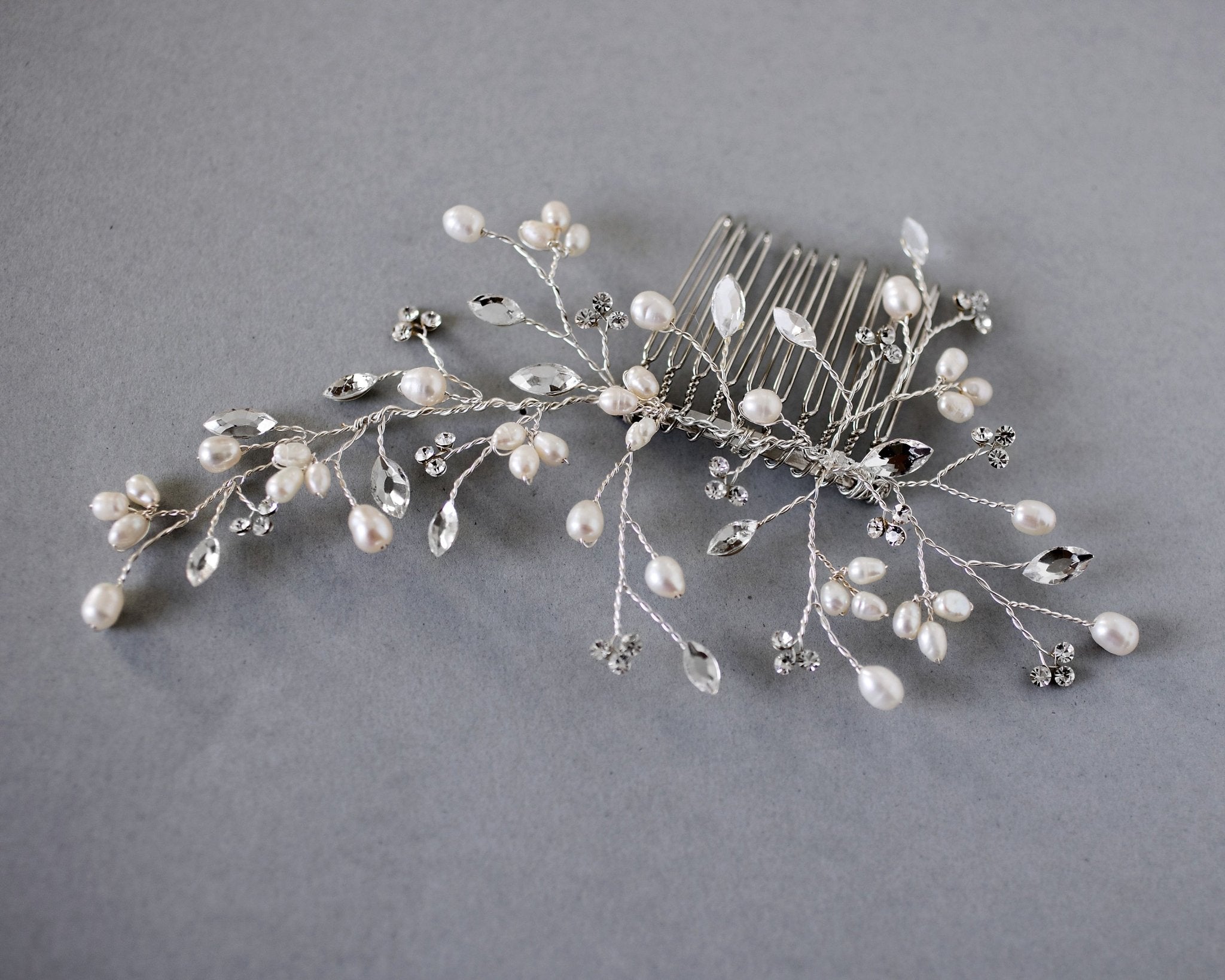 Ivory Freshwater Pearl and Crystal Simple Comb - Hair Comb - Cassandra Lynne