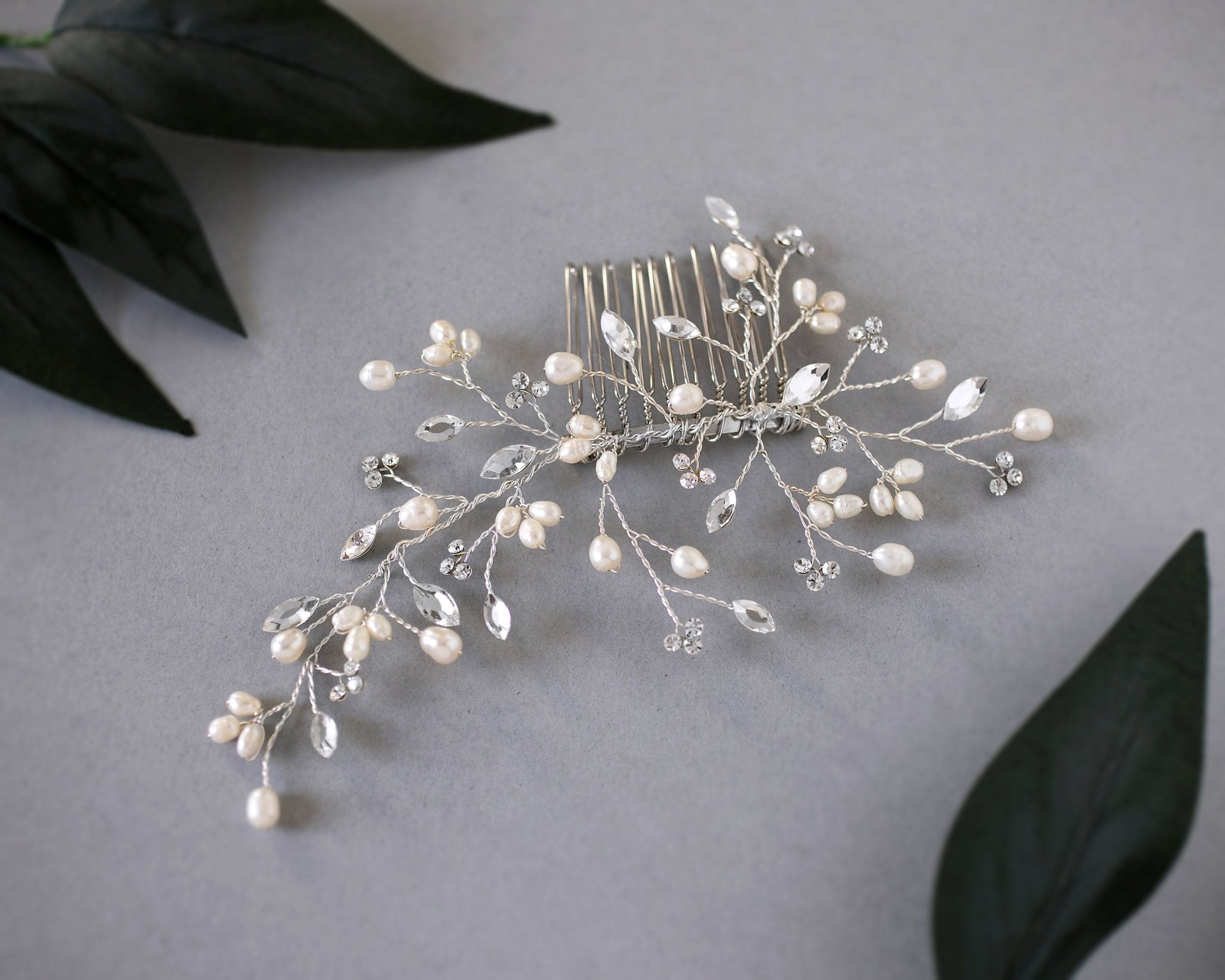 Ivory Freshwater Pearl and Crystal Simple Comb - Hair Comb - Cassandra Lynne