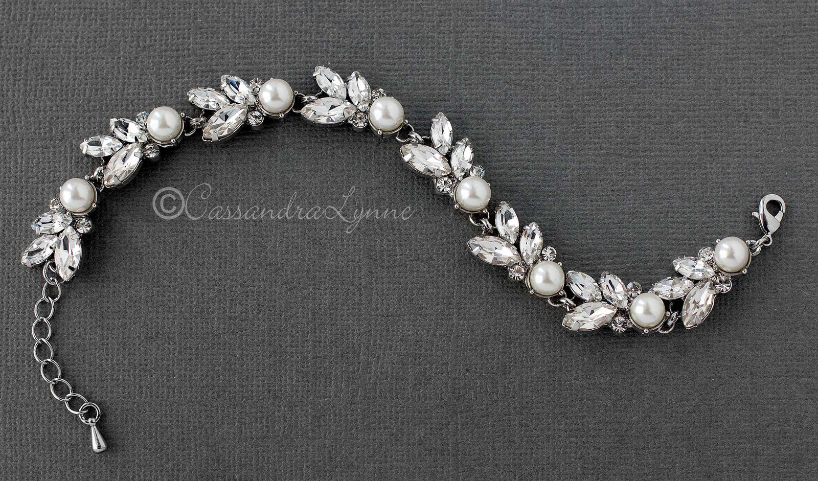 Bracelet of Pearl and Rhinestone Leaf - Cassandra Lynne