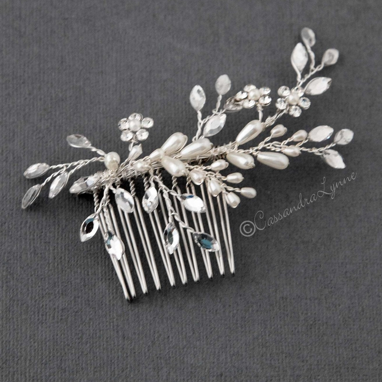 Ivory Pearl Wedding Hair Comb with Marquise Rhinestone - Hair Comb - Cassandra Lynne