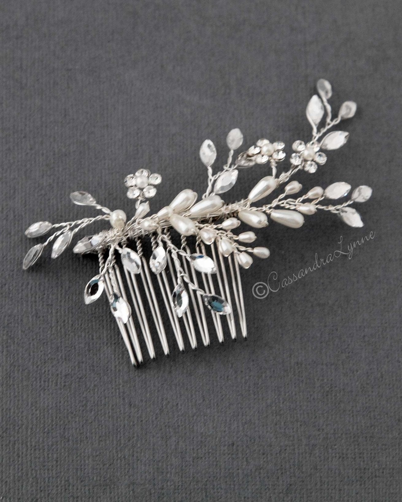 Ivory Pearl Wedding Hair Comb with Marquise Rhinestone - Hair Comb - Cassandra Lynne