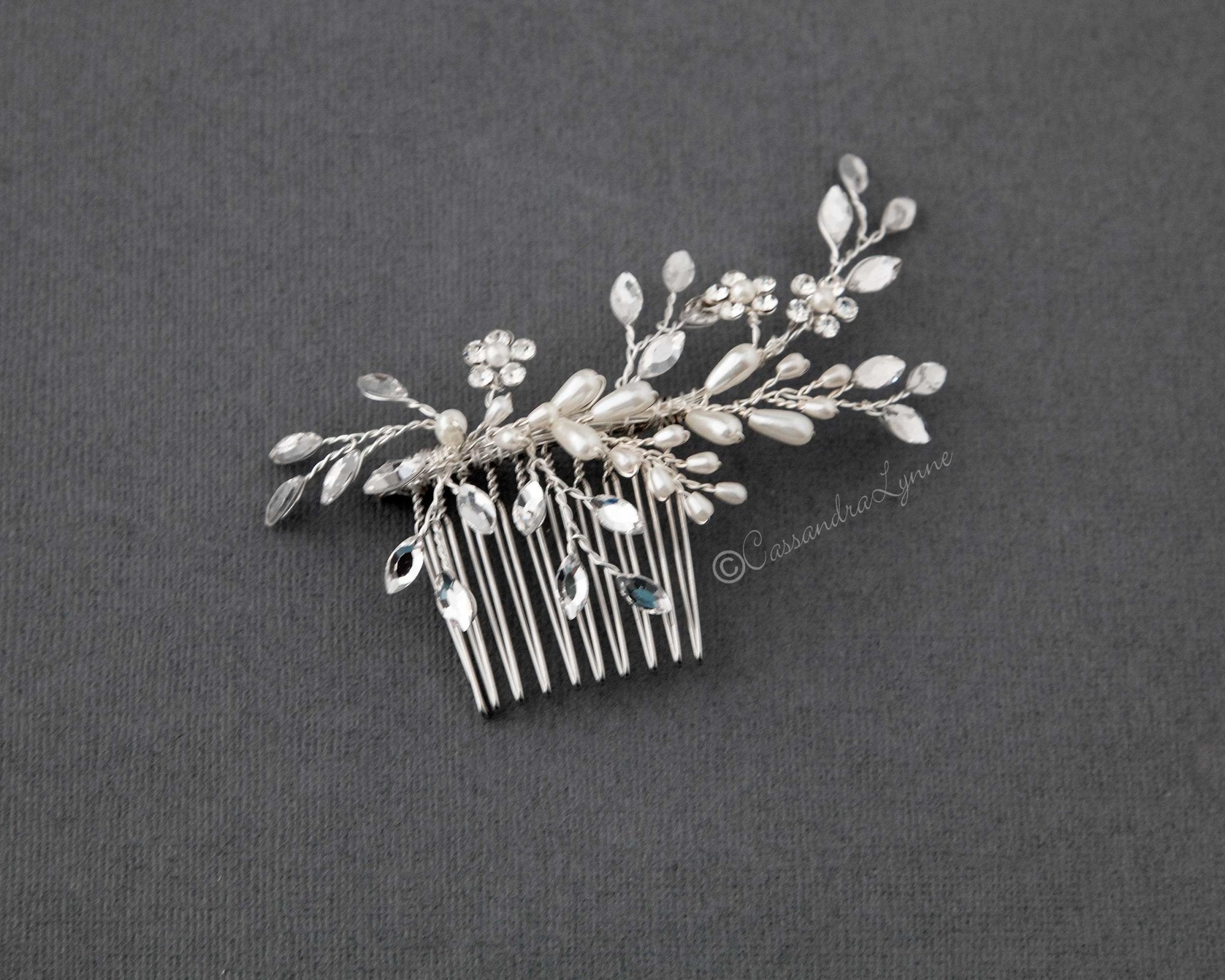 Ivory Pearl Wedding Hair Comb with Marquise Rhinestone - Hair Comb - Cassandra Lynne