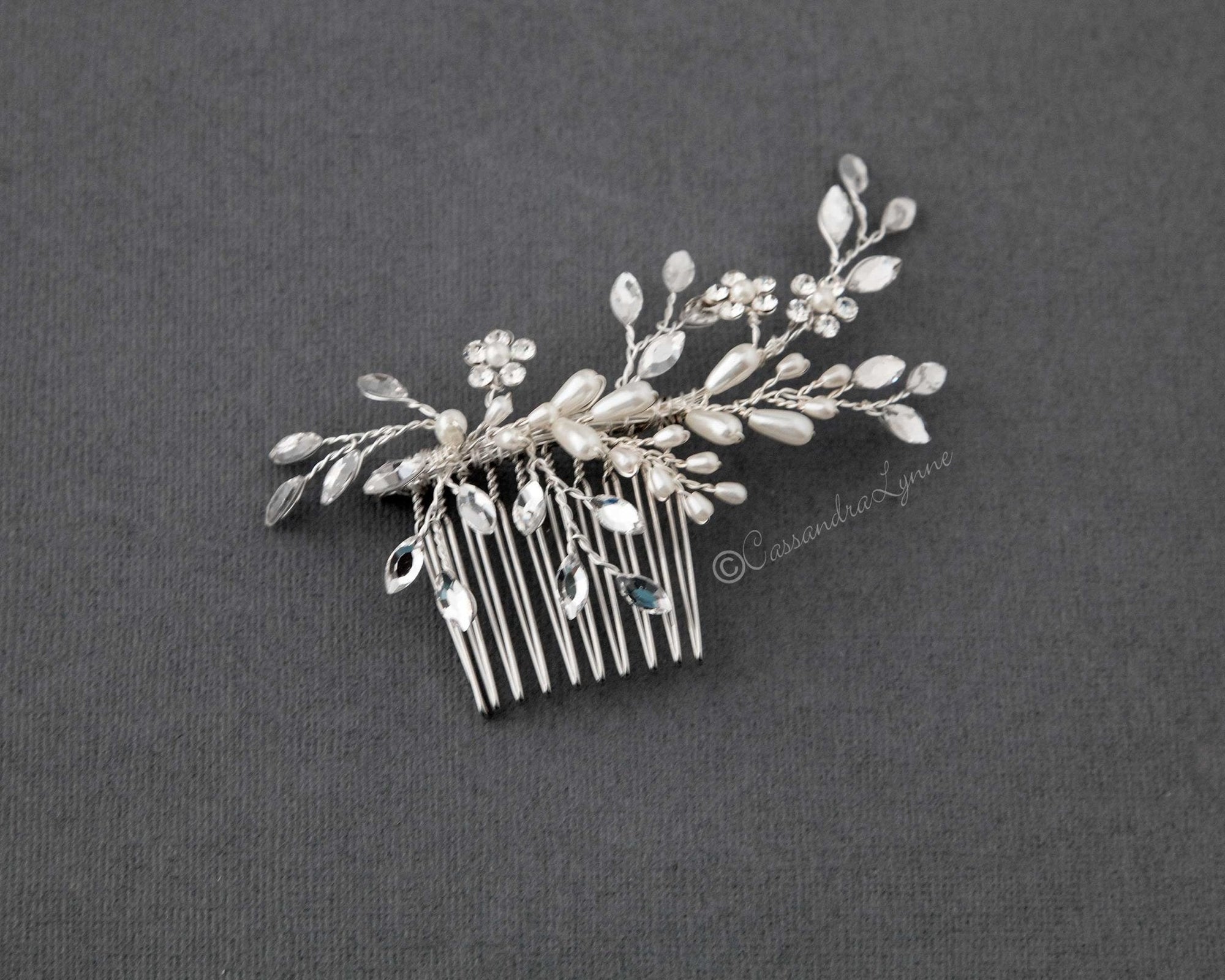 Ivory Pearl Wedding Hair Comb with Marquise Rhinestone - Hair Comb - Cassandra Lynne